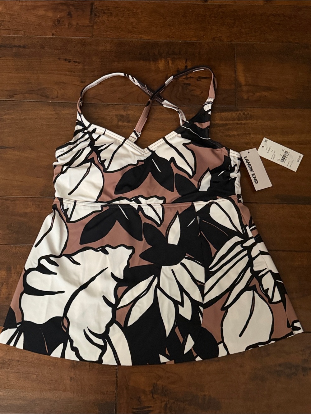 Lands' End Floral Tankini Top - White, Black & Dusty Rose